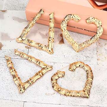 Udalyn 4 Pairs Bamboo Hoop Earrings for Women Large Heart Square Geometric Earrings Oversized Gold Bamboo Hoop Earrings Set Hip-Pop Jewelry Fashion Party Costume Accessory