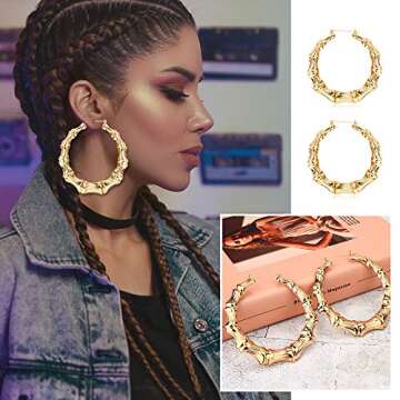 Udalyn 4 Pairs Bamboo Hoop Earrings for Women Large Heart Square Geometric Earrings Oversized Gold Bamboo Hoop Earrings Set Hip-Pop Jewelry Fashion Party Costume Accessory