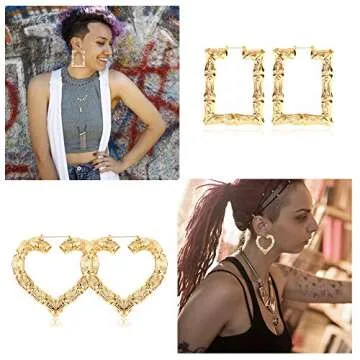 Udalyn 4 Pairs Bamboo Hoop Earrings for Women Large Heart Square Geometric Earrings Oversized Gold Bamboo Hoop Earrings Set Hip-Pop Jewelry Fashion Party Costume Accessory