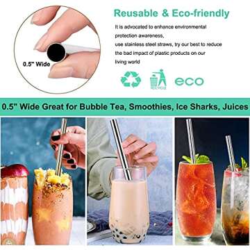 Vinaco Stainless Steel Smoothie Straws, 0.5'' Extra Wide Reusable Metal Drinking Straws for Milkshak...