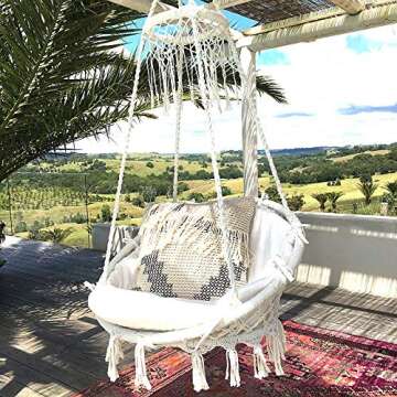 Sonyabecca Hammock Chair Macrame Swing 265 Pound Capacity Handmade Knitted Hanging Swing Chair for Indoor/Outdoor Home Patio Deck Yard Garden Reading Leisure Lounging (Not Included Cushion or Pillow)