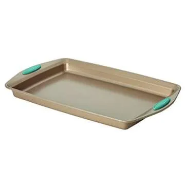 Rachael Ray Cucina Bakeware Set Includes Nonstick Cake Cookie Baking Sheet and Muffin Cupcake Pan, 4 Piece, Latte Brown with Agave Blue Grips