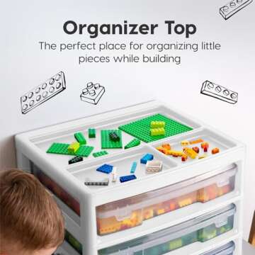 IRIS USA 3-Tier Scrapbook Storage Unit with Organizer Top, Fits 12" x 12" Papers, for Tools Office Art and Craft Supplies Desktop Organizer Built in Handle, White/Clear