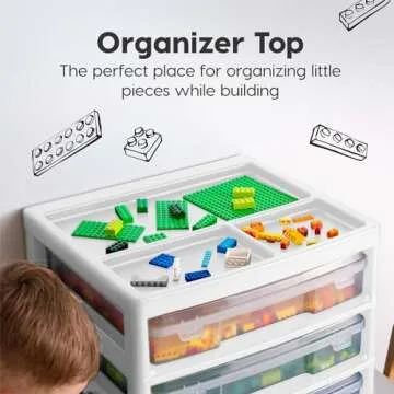 IRIS USA 3-Tier Scrapbook Storage Unit with Organizer Top, Fits 12" x 12" Papers, for Tools Office Art and Craft Supplies Desktop Organizer Built in Handle, White/Clear