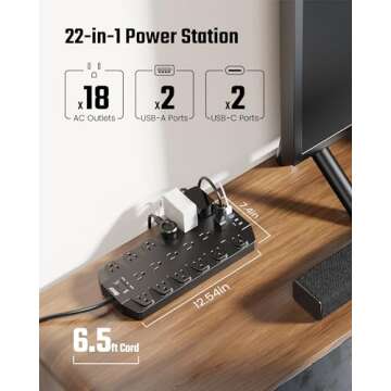Surge Protector Power Strip, SUPERDANNY 18 AC Outlets with 4 USB Ports, 1875W/15A, 2100J, 6.5FT Flat...