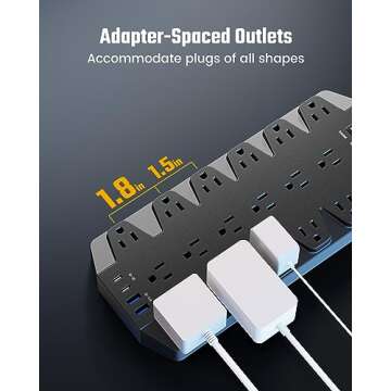 Surge Protector Power Strip, SUPERDANNY 18 AC Outlets with 4 USB Ports, 1875W/15A, 2100J, 6.5FT Flat Plug Heavy Duty Extension Cord with Wall Mount Holes for Home, Office, Gaming Room,Dorm, Black