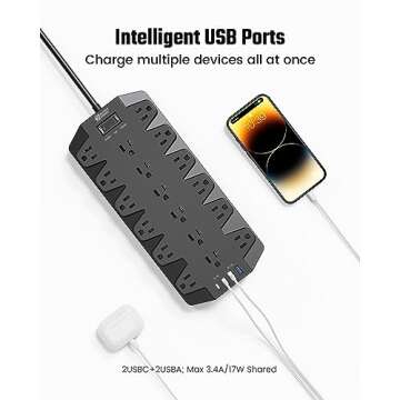 Surge Protector Power Strip, SUPERDANNY 18 AC Outlets with 4 USB Ports, 1875W/15A, 2100J, 6.5FT Flat Plug Heavy Duty Extension Cord with Wall Mount Holes for Home, Office, Gaming Room,Dorm, Black
