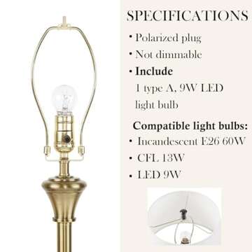 Hampton Hill Classic Floor Lamp for Bedroom, Traditional Standing Lamp for Living Room, Off-White Empire Shade, Polarized Plug, Clear Cable, Tall Iron Frame, Office Room Lamp-Antique Brass Aelorian