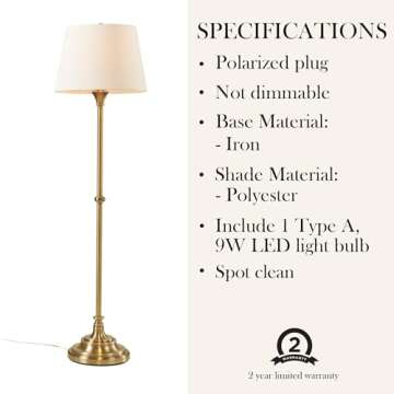 Hampton Hill Classic Floor Lamp for Bedroom, Traditional Standing Lamp for Living Room, Off-White Empire Shade, Polarized Plug, Clear Cable, Tall Iron Frame, Office Room Lamp-Antique Brass Aelorian