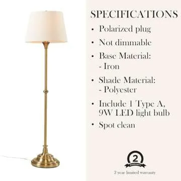 Hampton Hill Classic Floor Lamp for Bedroom, Traditional Standing Lamp for Living Room, Off-White Empire Shade, Polarized Plug, Clear Cable, Tall Iron Frame, Office Room Lamp-Antique Brass Aelorian