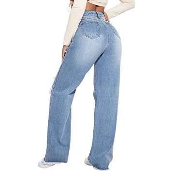 SweatyRocks Women's Ripped Straight Leg Jeans - High Waist Distressed Denim in Solid Light Blue