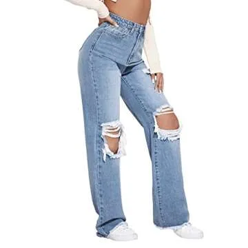 Ripped Straight Leg Jeans for Women - High Waist Light Blue