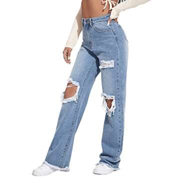 Ripped Straight Leg Jeans for Women - High Waist Light Blue