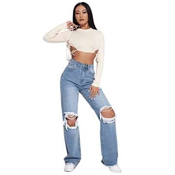 Ripped Straight Leg Jeans for Women - High Waist Light Blue
