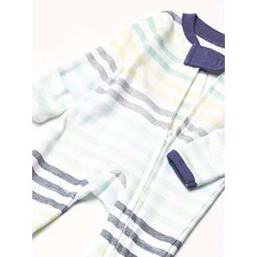 HonestBaby Sleep and Play Footed Pajamas One-Piece Sleeper Jumpsuit Zip-front PJs Organic Cotton for Baby Boys, Unisex, Rainbow Stripe Blues, Newborn