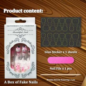 24Pcs Pink Coffin Nails Press on Nails Long Coffin Fake Nails with 3D Heart Pearl Star Nail Charms D...