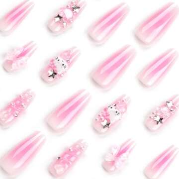 24Pcs Pink Coffin Nails Press on Nails Long Coffin Fake Nails with 3D Heart Pearl Star Nail Charms Design Nail Gems Diamond Pink Acrylic Nails Supply Full Cover False Nails Stick on Nails for Women