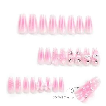 24Pcs Pink Coffin Nails Press on Nails Long Coffin Fake Nails with 3D Heart Pearl Star Nail Charms Design Nail Gems Diamond Pink Acrylic Nails Supply Full Cover False Nails Stick on Nails for Women