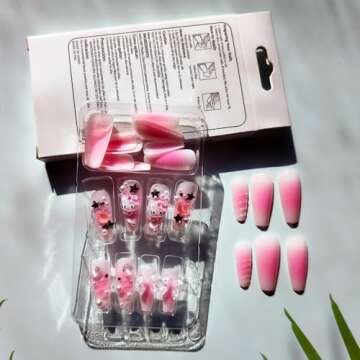 24Pcs Pink Coffin Nails Press on Nails Long Coffin Fake Nails with 3D Heart Pearl Star Nail Charms Design Nail Gems Diamond Pink Acrylic Nails Supply Full Cover False Nails Stick on Nails for Women