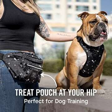 Canada Pooch Everything Dog Walking Fanny Pack - Dog Fanny Pack with Dog Poop Bag Dispenser & Dog Treat Pouch, Great as Dog Training Fanny Pack, Adjustable up to 54” - Splatter