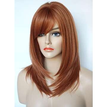 Women brown red shoulder length wigg auburn wig medium length Layered wig with bangs Synthetic wig f...