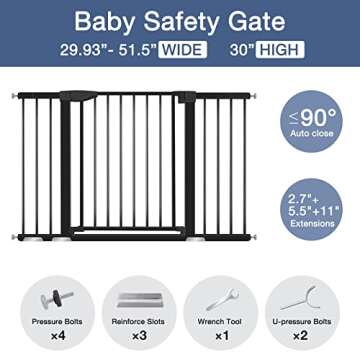 Baby Gates for Doorways, RONBEI 29.93"-51.5" Walk Through Baby Gate Extra Wide Baby Gates for Stairs, Pet Dog Gates Auto Close Safety Child Doorway Gates for Kids or Pets