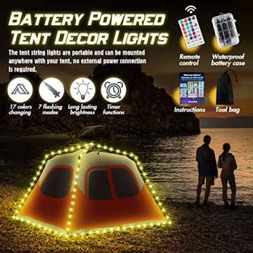 Camping Tent String Lights (40FT), 17 Colors 7 Flashing Modes LED Rope Lights Battery Operated with ...