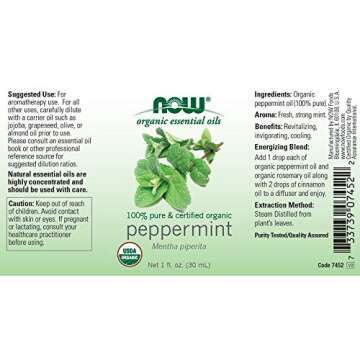 NOW Essential Oils, Organic Peppermint Oil, Invigorating Aromatherapy Scent, Steam Distilled, 100% P...
