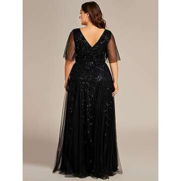Ever-Pretty Womens Plus Size V-Neck Sequin Emboridery Formal Evening Dresses with Sleeves Black US26