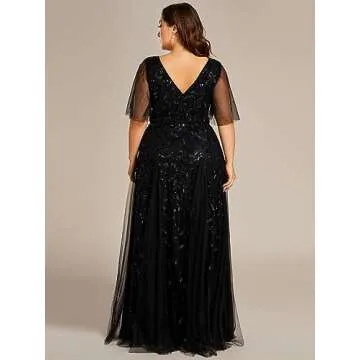 Ever-Pretty Womens Plus Size V-Neck Sequin Emboridery Formal Evening Dresses with Sleeves Black US26
