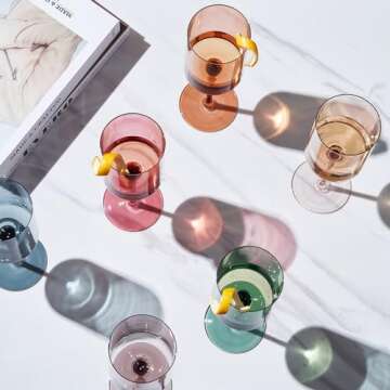 Khen Colored Square Modern Crystal Wine Glass Set of 6, Gift For Wife, Her, Mom, Friend - Large 12 oz Glasses, Colorful Italian Style Tall Drinkware - Red & White Color Beautiful Glassware - (Muted)