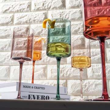 Khen Colored Square Modern Crystal Wine Glass Set of 6, Gift For Wife, Her, Mom, Friend - Large 12 oz Glasses, Colorful Italian Style Tall Drinkware - Red & White Color Beautiful Glassware - (Muted)