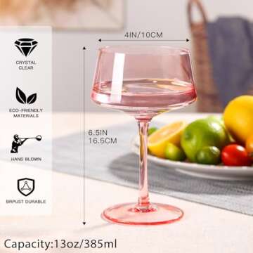 Valentine's Day Gifts,Pink Coupe Glasses Set of 6 - 13 oz Large Capacity Martini Glassware - Versatile Tall Cocktail Glasses- Hand-Blown Colored Champagne Coupe Glass-Art Deco Cocktail Glasses Set