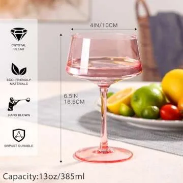 Valentine's Day Gifts,Pink Coupe Glasses Set of 6 - 13 oz Large Capacity Martini Glassware - Versatile Tall Cocktail Glasses- Hand-Blown Colored Champagne Coupe Glass-Art Deco Cocktail Glasses Set