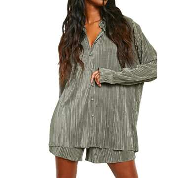 NUFIWI Women Casual Two Piece Tracksuit Long Sleeve Button Down Blouse Shirt High Waist Shorts Set O...