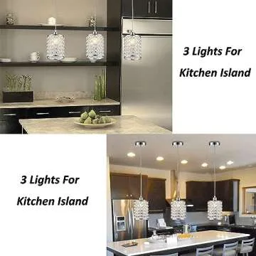 Chrome Crystal Kitchen Island Pendant Light, Modern Crystal Pendant Light Fixtures, Adjustable Chandelier Light for Kitchen Dining Room Bedroom Bar (3-Pack)