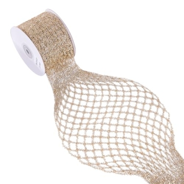 CSZD RIBBON Gold Stretchable Glitter Metallic Mesh Ribbon Wired Web Ribbon Wide 2.5" to 7" for Chris...