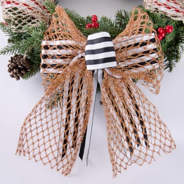 CSZD RIBBON Gold Stretchable Glitter Metallic Mesh Ribbon Wired Web Ribbon Wide 2.5" to 7" for Christmas Tree,Wreaths,Home Decor, Gift Wrapping, DIY Crafts, 2.5” x 5Yards x 1 Rolls (Gold)