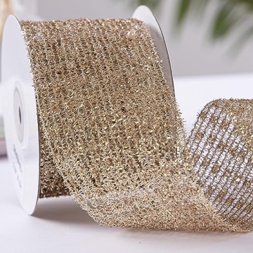CSZD RIBBON Gold Stretchable Glitter Metallic Mesh Ribbon Wired Web Ribbon Wide 2.5" to 7" for Christmas Tree,Wreaths,Home Decor, Gift Wrapping, DIY Crafts, 2.5” x 5Yards x 1 Rolls (Gold)