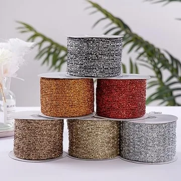 CSZD RIBBON Gold Stretchable Glitter Metallic Mesh Ribbon Wired Web Ribbon Wide 2.5" to 7" for Christmas Tree,Wreaths,Home Decor, Gift Wrapping, DIY Crafts, 2.5” x 5Yards x 1 Rolls (Gold)