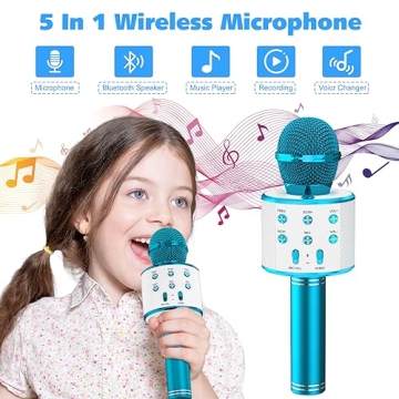Ankuka Kids Karaoke Microphone 2 Pack, Wireless Bluetooth Karaoke Microphone for Singing Portable Handheld Mic Speaker Machine, Christmas Birthday Gifts for Girls Boys Ages 4-12(Rose Gold & Blue)