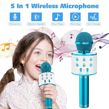 Ankuka Kids Karaoke Microphone 2 Pack, Wireless Bluetooth Karaoke Microphone for Singing Portable Handheld Mic Speaker Machine, Christmas Birthday Gifts for Girls Boys Ages 4-12(Rose Gold & Blue)