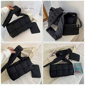 YILINRUI Woven Cotton Padded Women Shoulder Bag Brands Designer Stuffing Down Crossbody Bags for Women 2021 Knitting Handbag (Black)