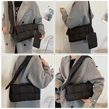 YILINRUI Woven Cotton Padded Women Shoulder Bag Brands Designer Stuffing Down Crossbody Bags for Women 2021 Knitting Handbag (Black)