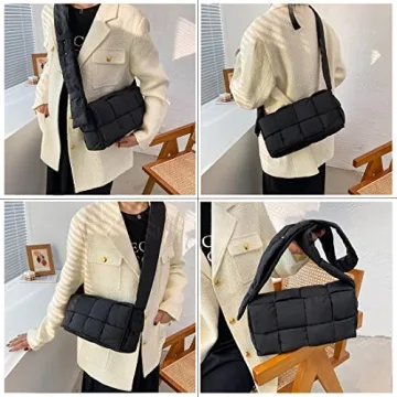 YILINRUI Woven Cotton Padded Women Shoulder Bag Brands Designer Stuffing Down Crossbody Bags for Women 2021 Knitting Handbag (Black)