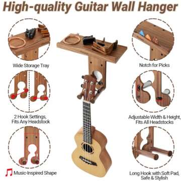 Guitar Wall Mount, Wood Guitar Hanger Wall Mount with 2 Hook Modes, Guitar Wall Hangers Shelf with P...