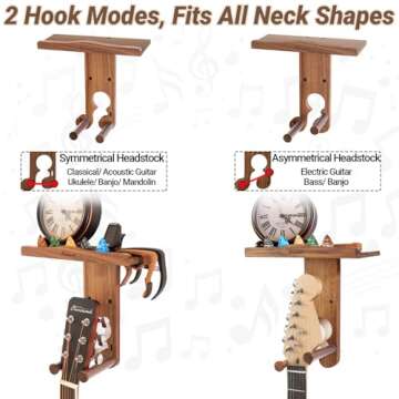 Guitar Wall Mount, Wood Guitar Hanger Wall Mount with 2 Hook Modes, Guitar Wall Hangers Shelf with Pick Holder, Guitar Holder for Acoustic, Electric Guitar, Ukulele, Bass [Patent Pending]