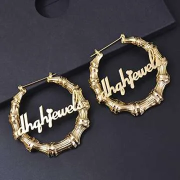 DHQH Custom Name Earrings Personalized Bamboo Hoop Earrings 18K Gold Plated Heart Customize Earrings...