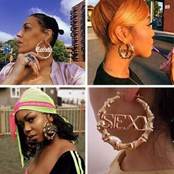 DHQH Custom Name Earrings Personalized Bamboo Hoop Earrings 18K Gold Plated Heart Customize Earrings for Women Hip-Hop Fashion Jewelry Gift