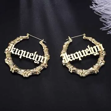 DHQH Custom Name Earrings Personalized Bamboo Hoop Earrings 18K Gold Plated Heart Customize Earrings for Women Hip-Hop Fashion Jewelry Gift